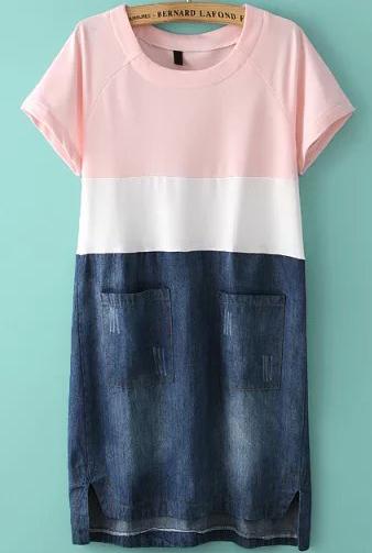 Romwe Contrast Denim With Pockets Pink Dress