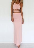 Romwe Pink Spaghetti Strap Bandage Top With Skirt