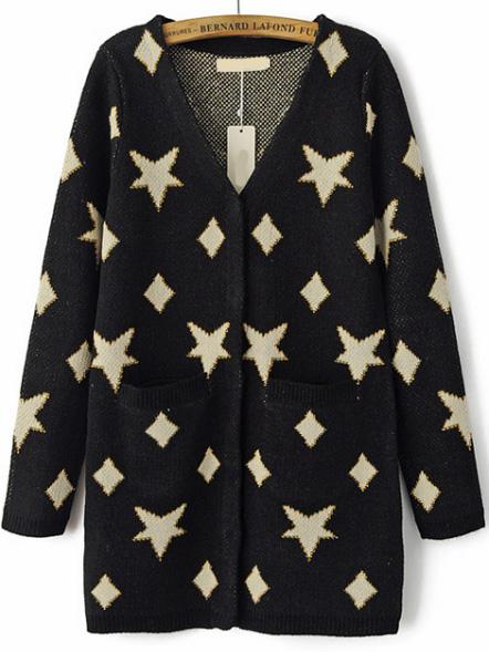 Romwe With Pockets Star Print Black Cardigan