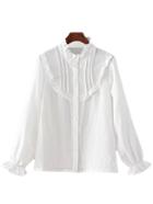 Romwe White Buttons Ruffle Neck Lantern Sleeve Blouse