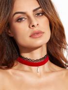 Romwe Red Velvet Lace Faux Pearl Choker Necklace