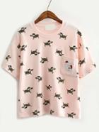 Romwe Dog Print Patch Pocket Pink T-shirt