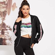 Romwe Drop Shoulder Letter Tape Zip Up Sweatshirt
