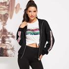 Romwe Drop Shoulder Letter Tape Zip Up Sweatshirt