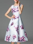 Romwe Silver Crew Neck Print A-line Dress