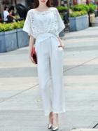 Romwe White Contrast Lace Open Shoulder Pockets Jumpsuit