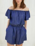 Romwe Off-the-shoulder Blue Denim Blouson Romper