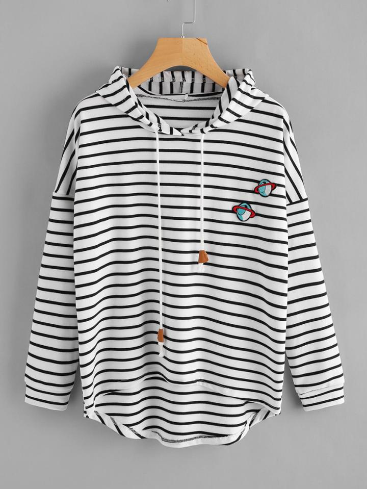 Romwe Planet Embroidered Striped Dip Hem Hooded T-shirt