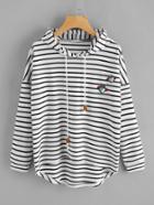 Romwe Planet Embroidered Striped Dip Hem Hooded T-shirt