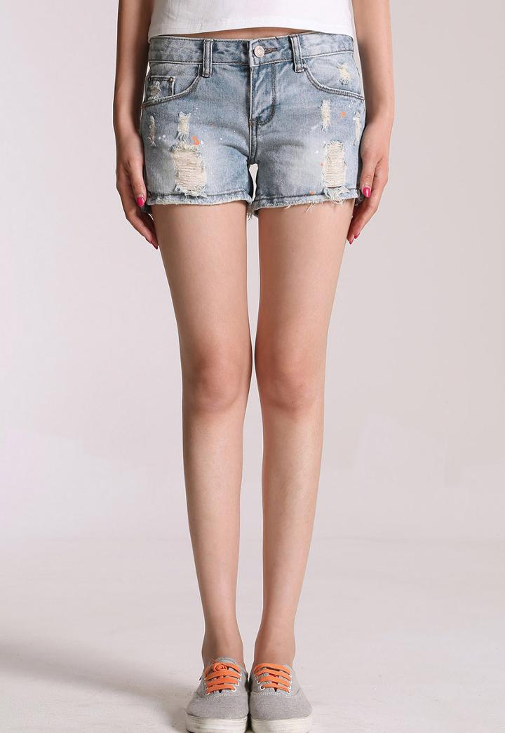 Romwe Ripped Fringe Denim Straight Shorts
