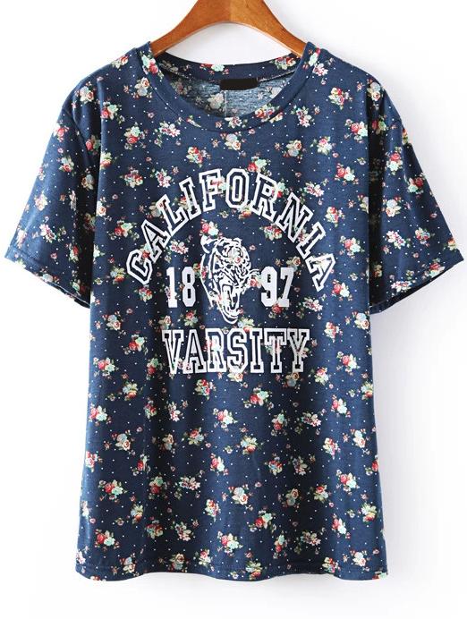 Romwe Floral Tiger Letters Print Navy T-shirt