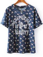 Romwe Floral Tiger Letters Print Navy T-shirt