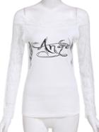 Romwe Off The Shoulder Lace Insert Letter Print Blouse