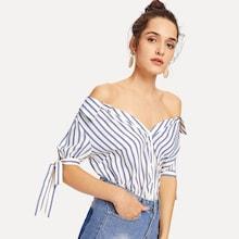 Romwe Knot Cuff Button Up Striped Top