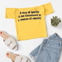 Romwe Letter Print Off Shoulder Tee