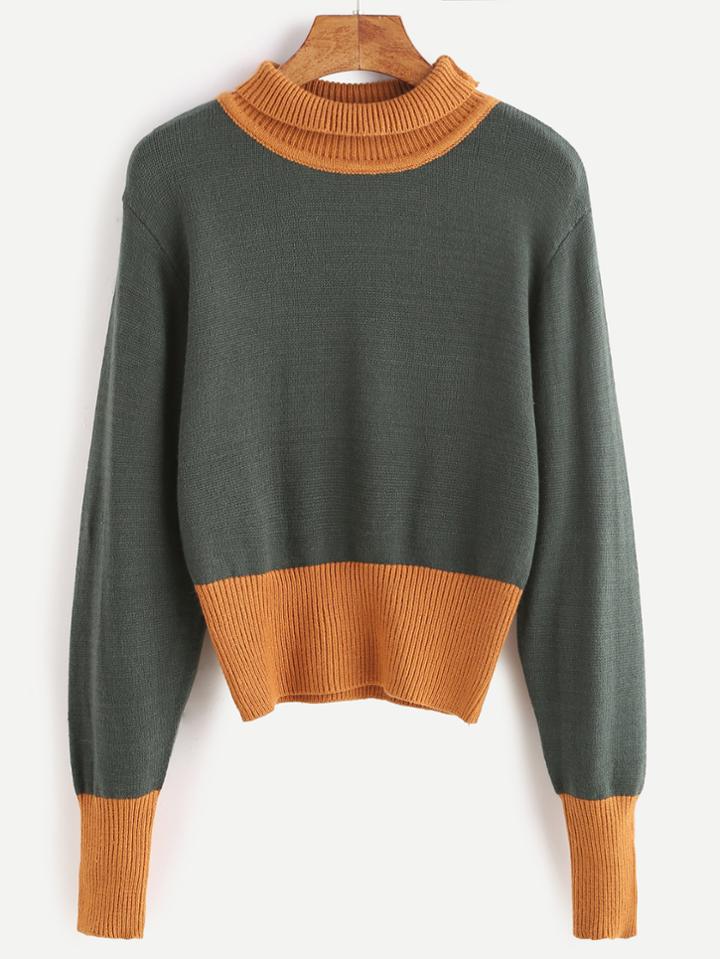 Romwe Green Contrast Trim Turtleneck Sweater