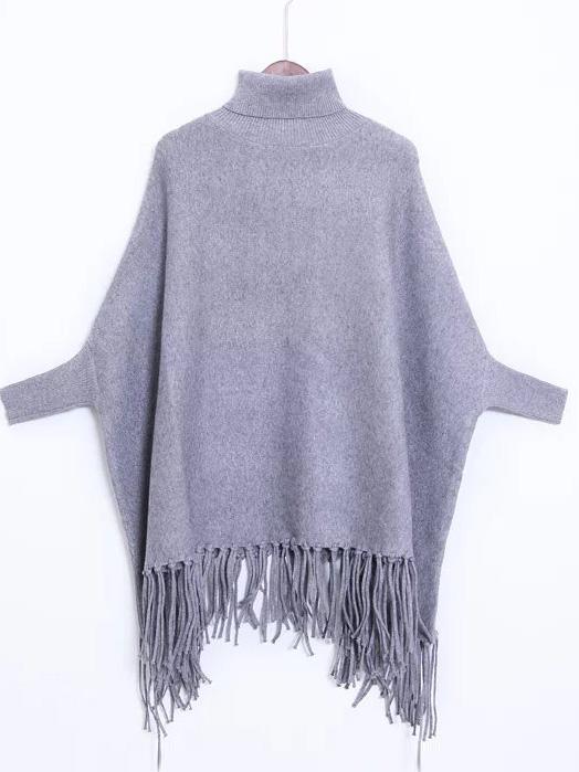 Romwe Grey Turtleneck Batwing Sleeve Fringe Cape Sweater