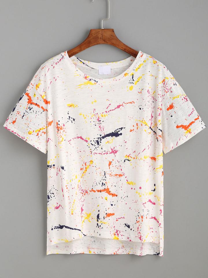 Romwe Dip Hem Speckled Print T-shirt