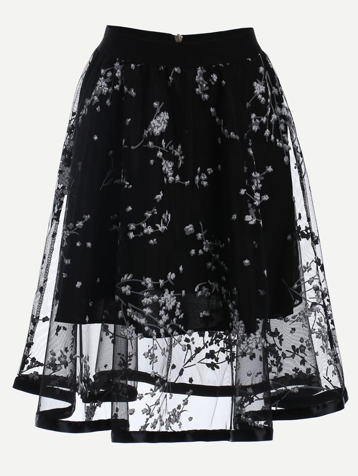 Romwe Blossom Print Mesh Overlay Midi Skirt - Black