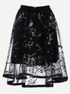 Romwe Blossom Print Mesh Overlay Midi Skirt - Black