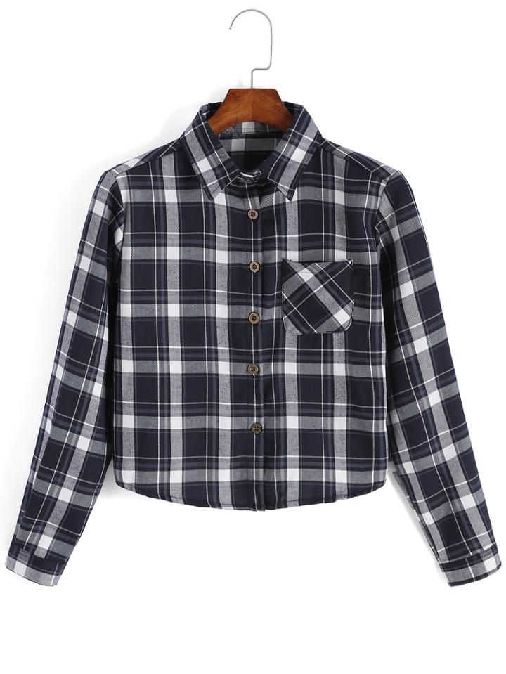 Romwe Checkered Pocket Blue Blouse