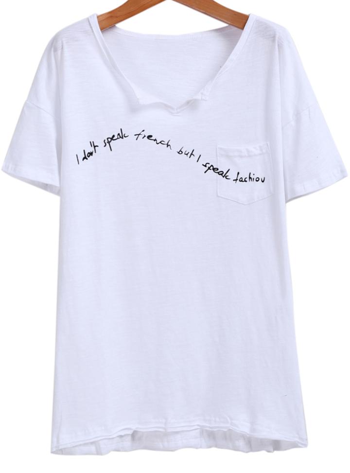 Romwe V Neck Letter Print White T-shirt