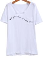 Romwe V Neck Letter Print White T-shirt