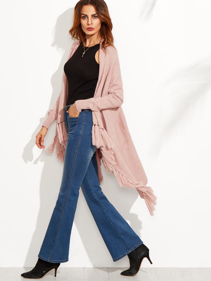 Romwe Pink Tassel Hem Long Sleeve Asymmetrical Sweater