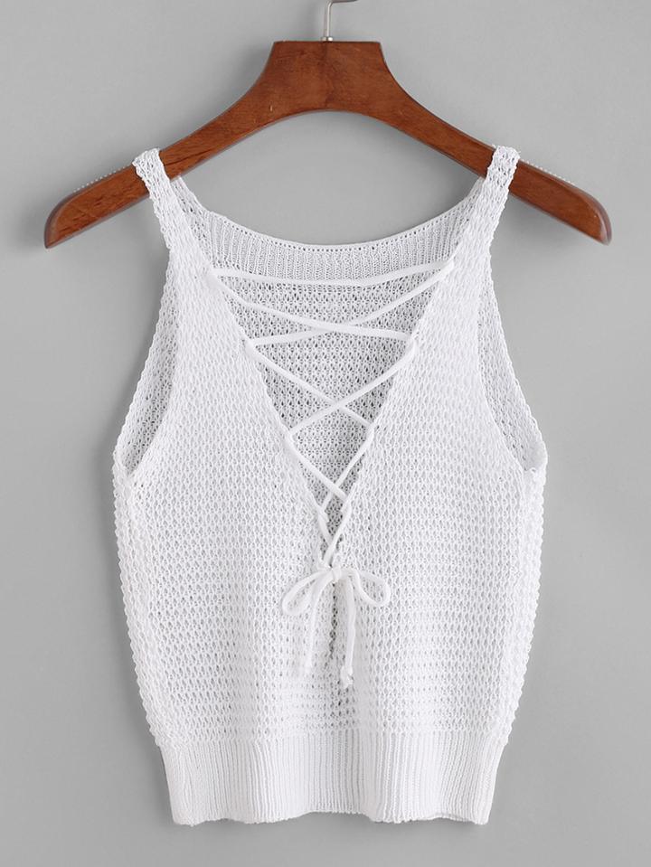 Romwe Off White Lace-up Front Crochet Top