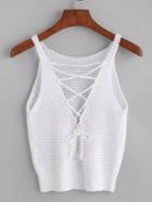 Romwe Off White Lace-up Front Crochet Top