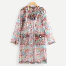 Romwe Printed Button Up Hooded Raincoat