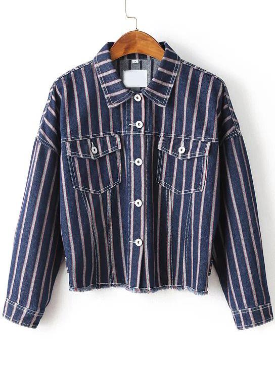 Romwe Blue Vertical Striped Frayed Button Up Jacket