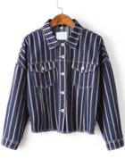 Romwe Blue Vertical Striped Frayed Button Up Jacket