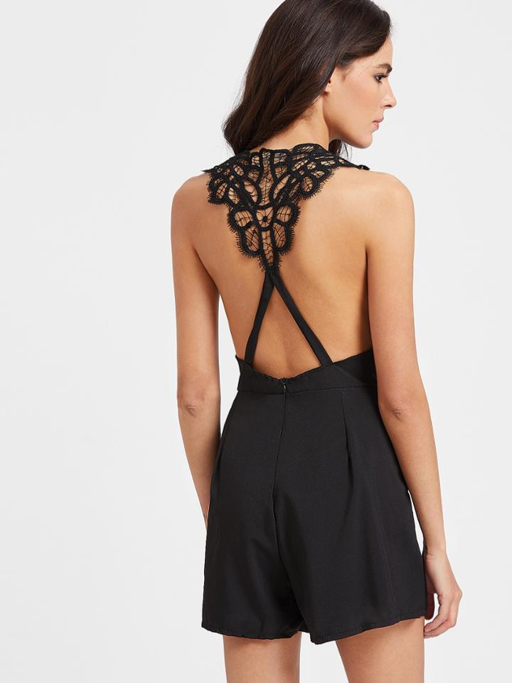 Romwe Black Cross Lace Back V Neck Romper