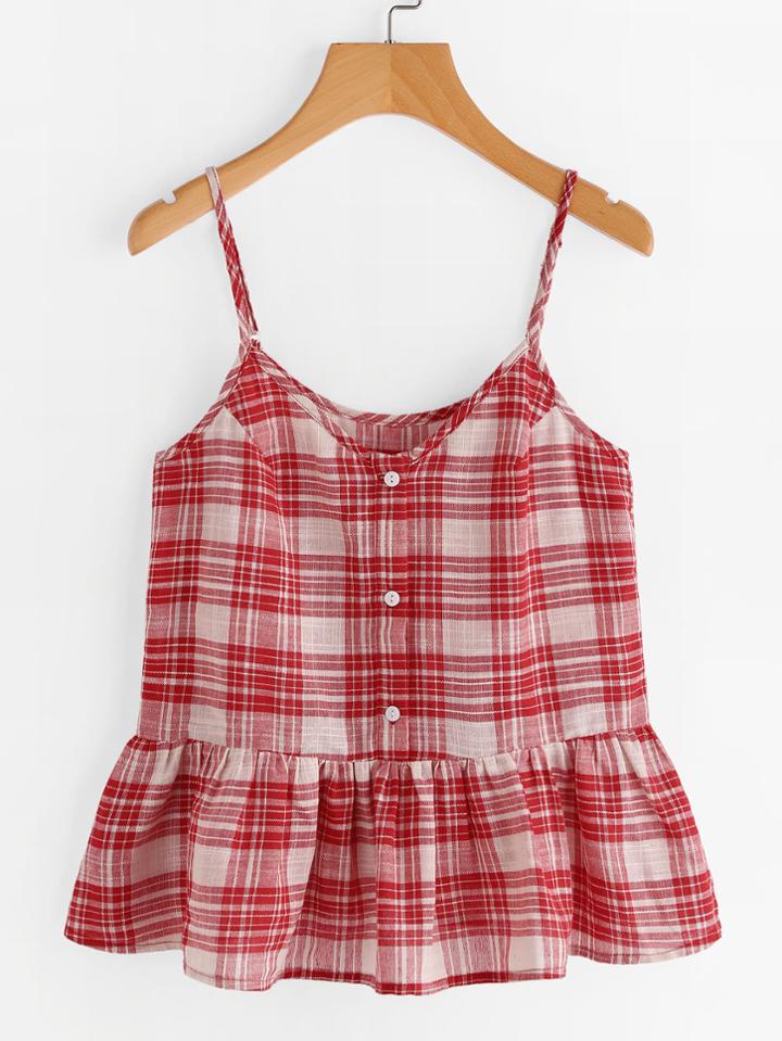 Romwe Buttoned Placket Checkered Peplum Cami Top