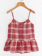 Romwe Buttoned Placket Checkered Peplum Cami Top