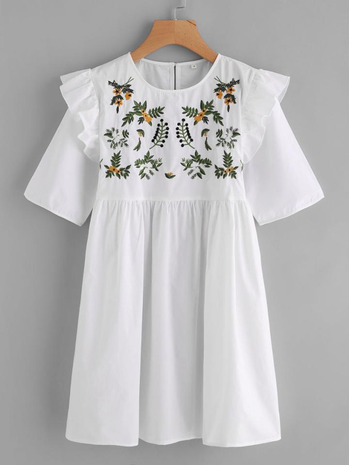 Romwe Ruffle Sleeve Embroidered Dress