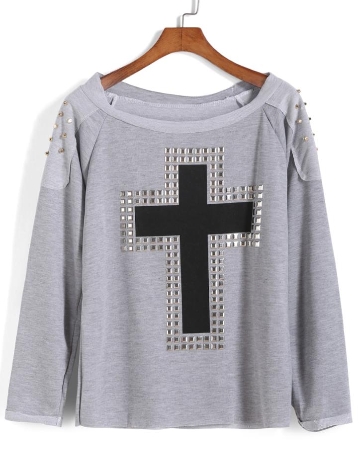 Romwe With Rivet Cross Print T-shirt