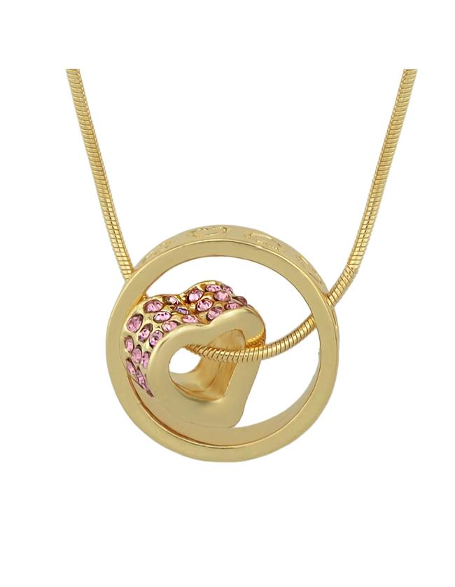 Romwe Goldpink Simple Style Rhinestone Heart Round Shape Pendant Necklace
