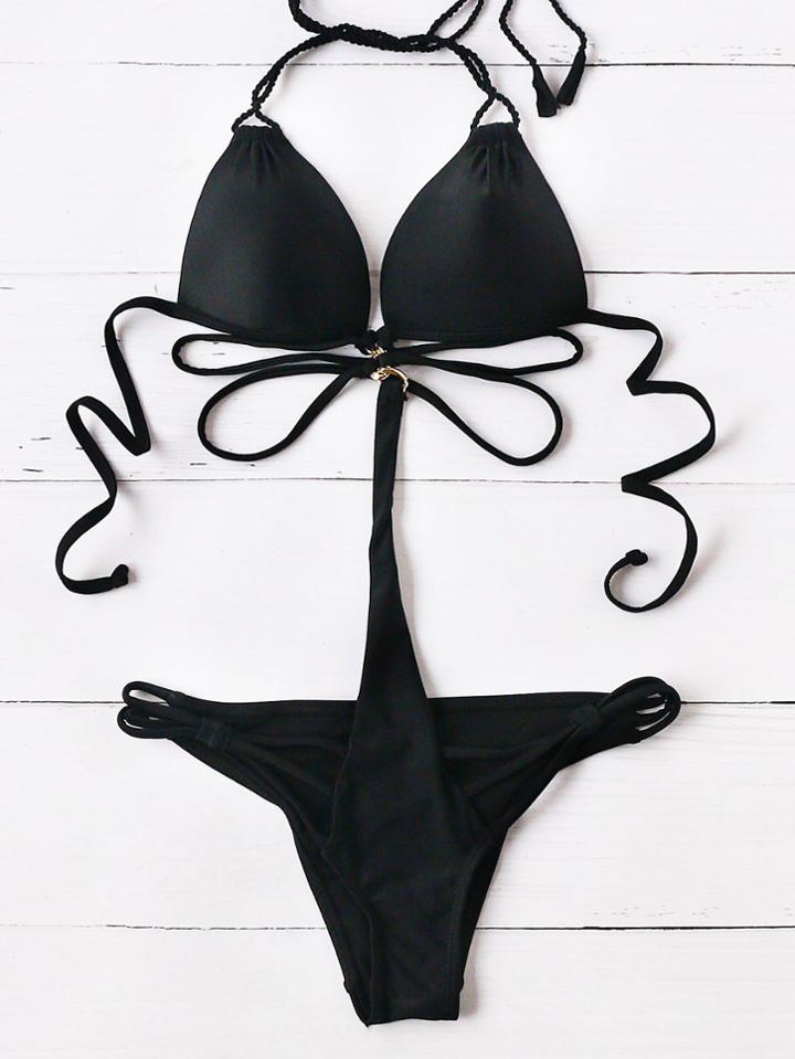 Romwe Black Strappy Detail Halter Monokini