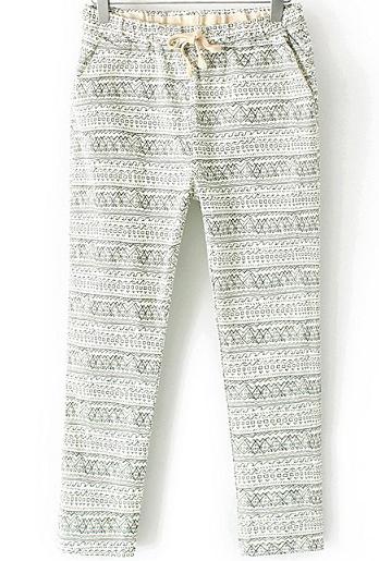 Romwe Drawstring Pocket Tribal Print Green Pant