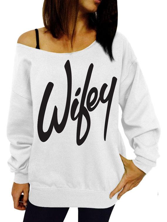 Romwe White Scoop Neck Letter Print Sweatshirt