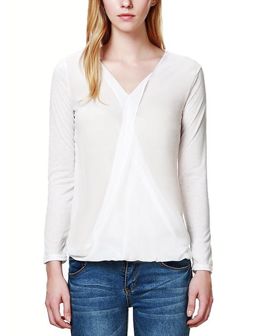 Romwe V Neck Wrap Chiffon White Blouse