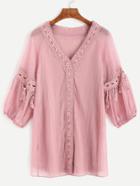 Romwe Pink Lace Crochet Overlay Fringe Shirt Dress