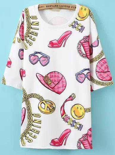 Romwe White Round Neck Chain Hat Print Loose T-shirt