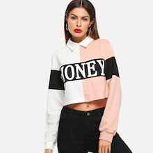 Romwe Cut-and-sew Letter Crop Sweatshirt