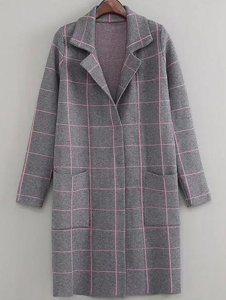 Romwe Grey Grid Lapel Long Coat With Pockets