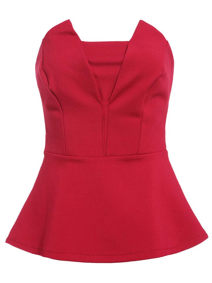 Romwe Strapless Peplum Hem Wine Red Tank Top
