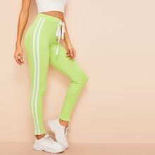 Romwe Neon Lime Striped Side Rib-knit Leggings