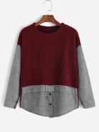 Romwe Burgundy Contrast Striped Ribbed Knit Sweater With Button Detail